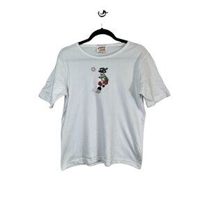 Tia Top Women L White Pullover Sequin Snowman Beaded Santa Holiday Preppy 80s